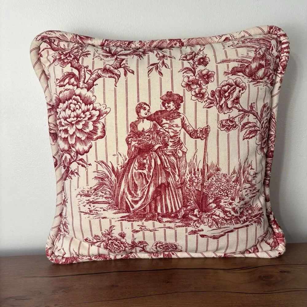 Set of 2 Red Toile Pillows French Country Farmhouse Striped Floral